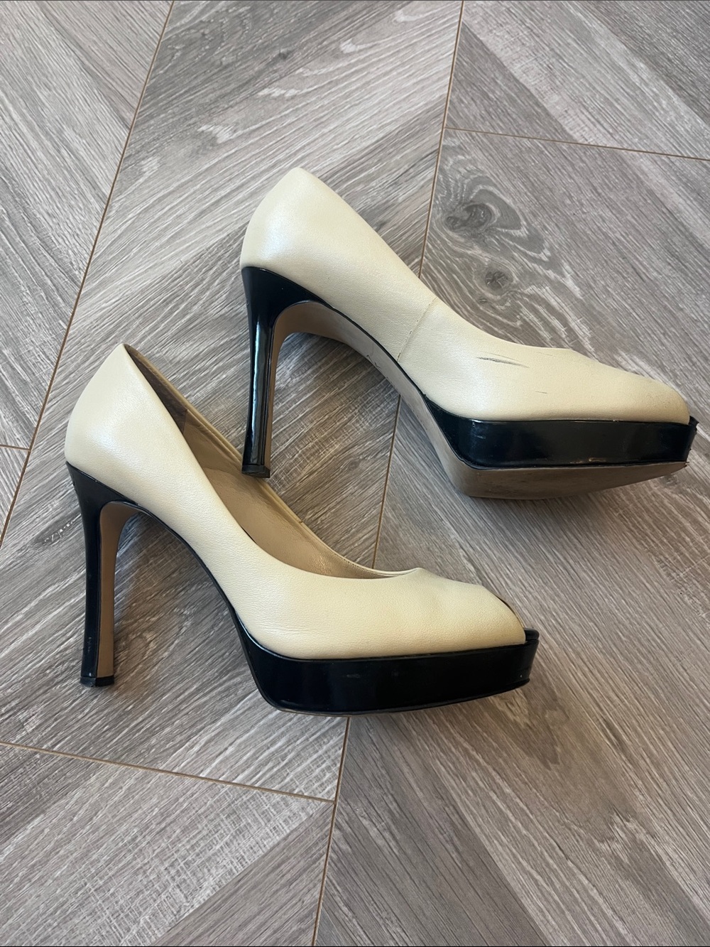 Anne Klein Cream Platform Pumps with Black Peep-Toe Accent - Picture 2 of 3